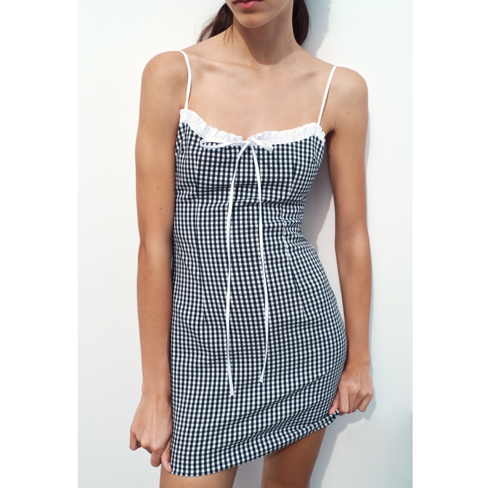 Zara combination gingham dress navy blue